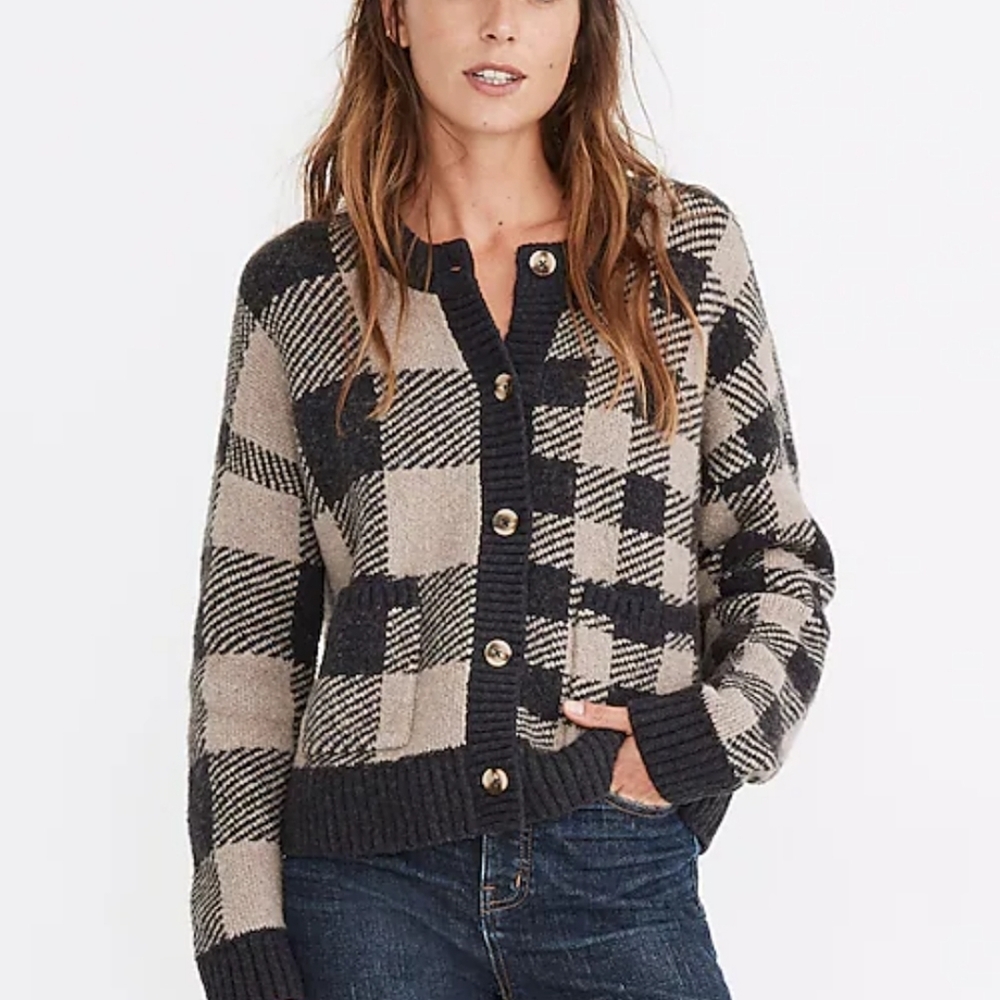 Madewell plaid-mix Colburne textured cozy 11% merino wool sweater cardigan XXS